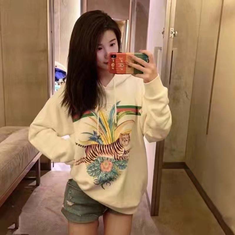 G*u*i women gg tiger hooded sweatshirt ivory felted cotton jersey fixed hood