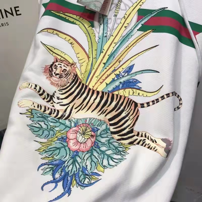 G*u*i men gg tiger hooded sweatshirt ivory felted cotton jersey fixed hood