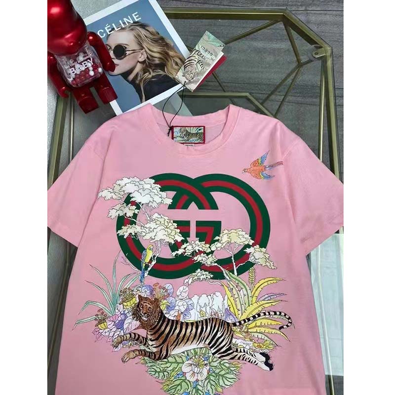 G*u*i men gg tiger interlocking g t-shirt pink cotton jersey flower crewneck oversize fit