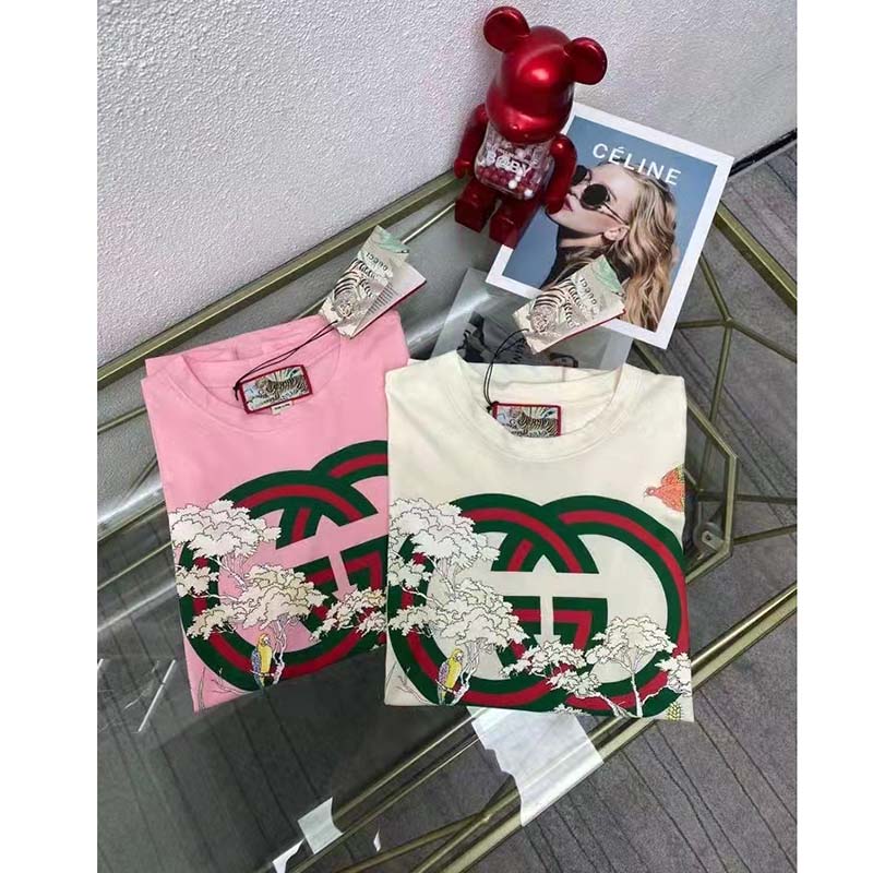 G*u*i men gg tiger interlocking g t-shirt pink cotton jersey flower crewneck oversize fit