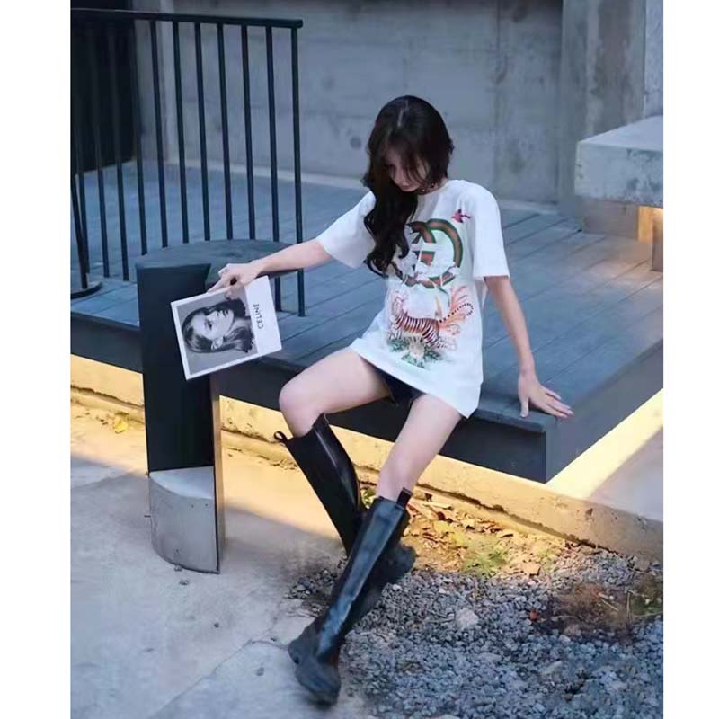 G*u*i women gg tiger interlocking g t-shirt white cotton jersey flower crewneck oversize fit