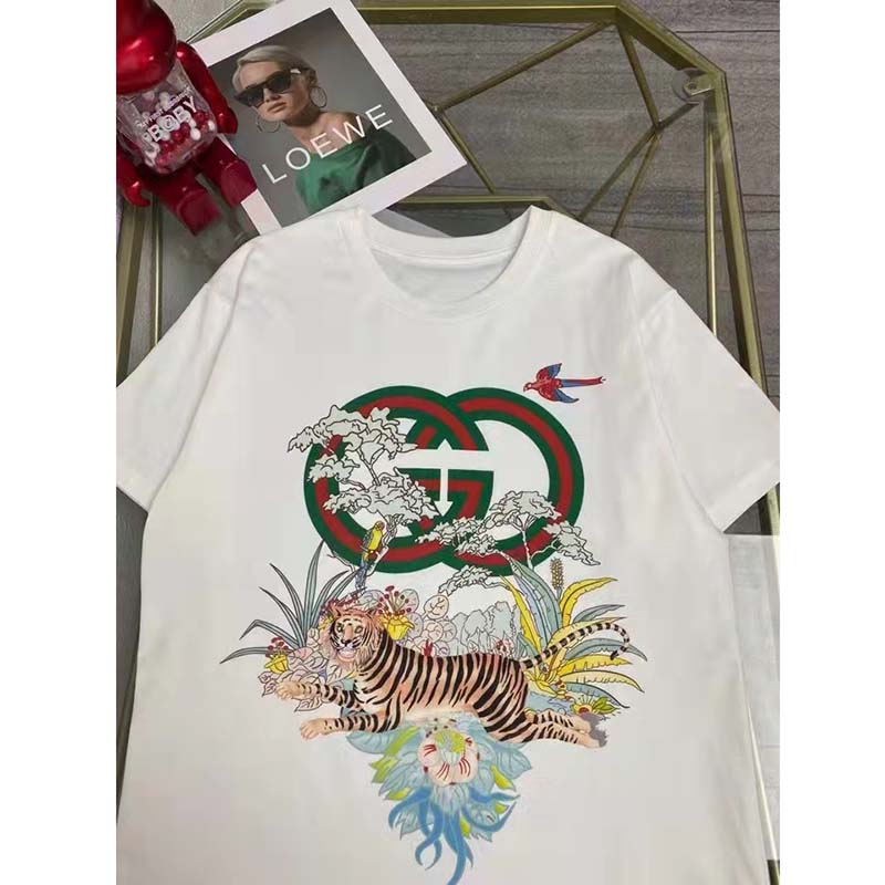 G*u*i women gg tiger interlocking g t-shirt white cotton jersey flower crewneck oversize fit