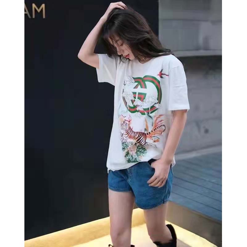 G*u*i women gg tiger interlocking g t-shirt white cotton jersey flower crewneck oversize fit