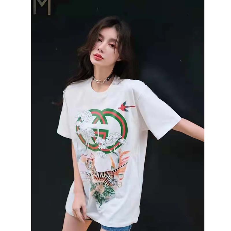 G*u*i women gg tiger interlocking g t-shirt white cotton jersey flower crewneck oversize fit