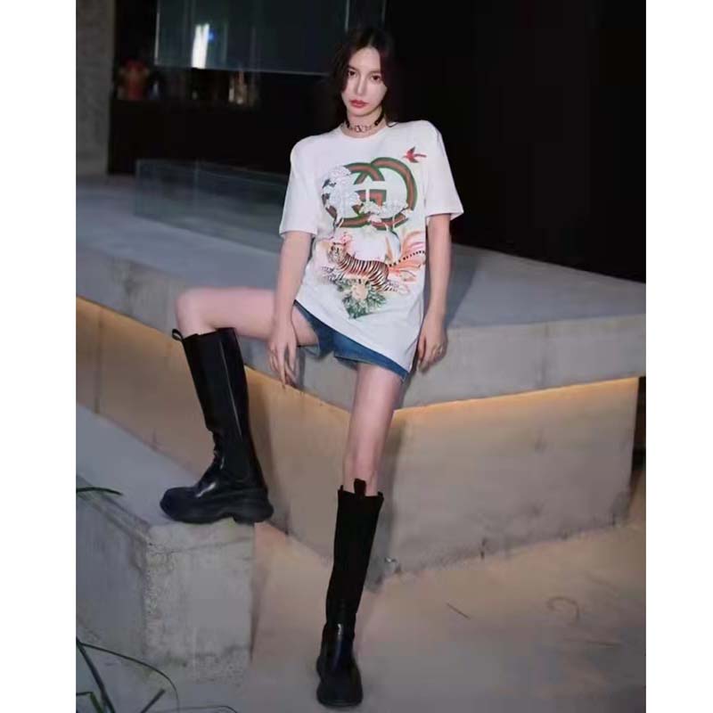 G*u*i women gg tiger interlocking g t-shirt white cotton jersey flower crewneck oversize fit