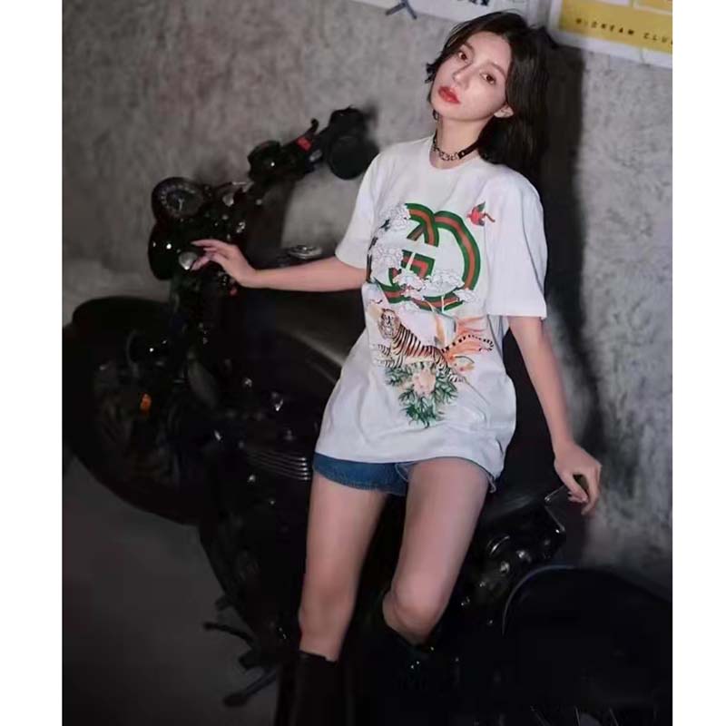 G*u*i women gg tiger interlocking g t-shirt white cotton jersey flower crewneck oversize fit