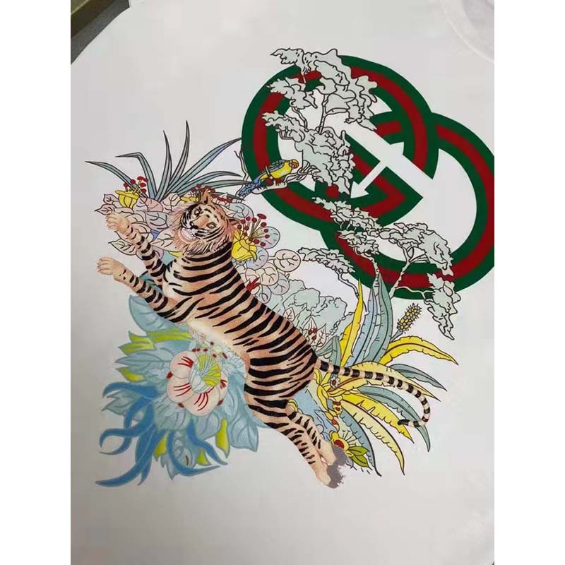 G*u*i women gg tiger interlocking g t-shirt white cotton jersey flower crewneck oversize fit