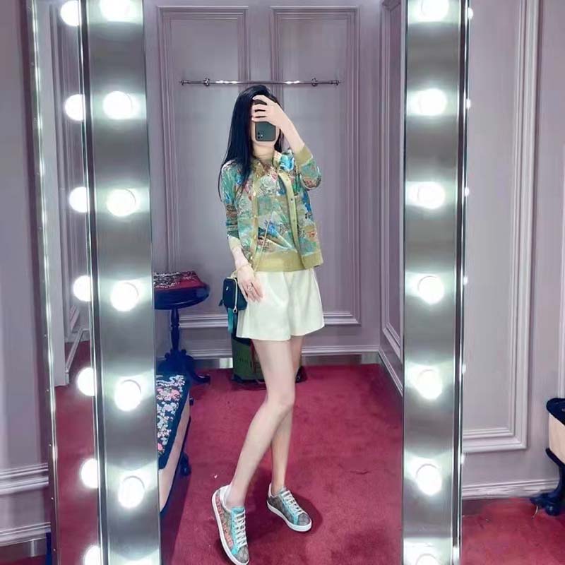 G*u*i women gg tiger jacquard vest gold green tiger flower extra fine lurex crewneck