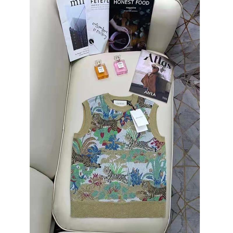 G*u*i men gg tiger jacquard vest gold green tiger flower extra fine lurex crewneck