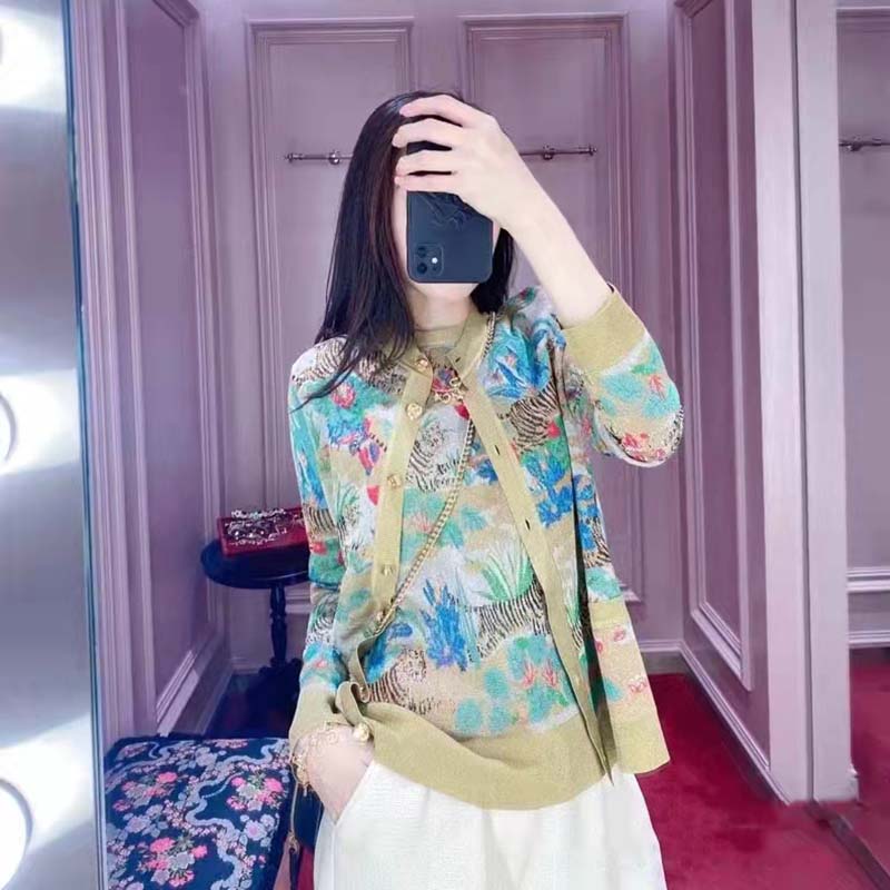 G*u*i women gg tiger jacquard vest gold green tiger flower extra fine lurex crewneck