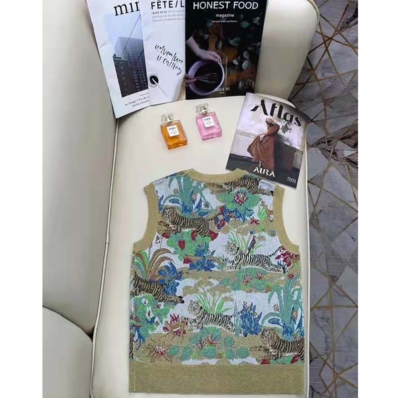 G*u*i men gg tiger jacquard vest gold green tiger flower extra fine lurex crewneck
