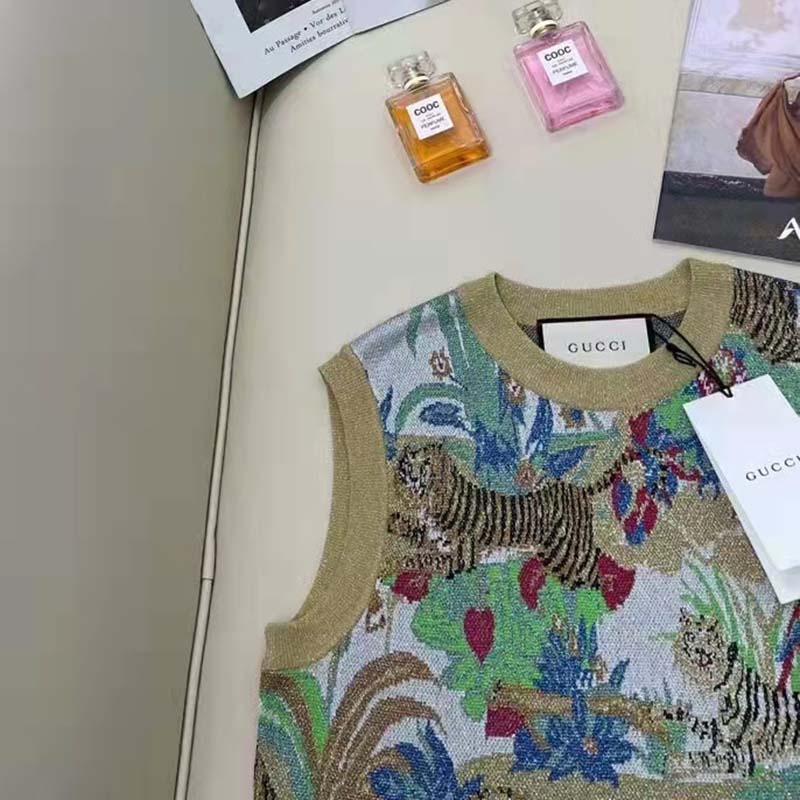 G*u*i men gg tiger jacquard vest gold green tiger flower extra fine lurex crewneck