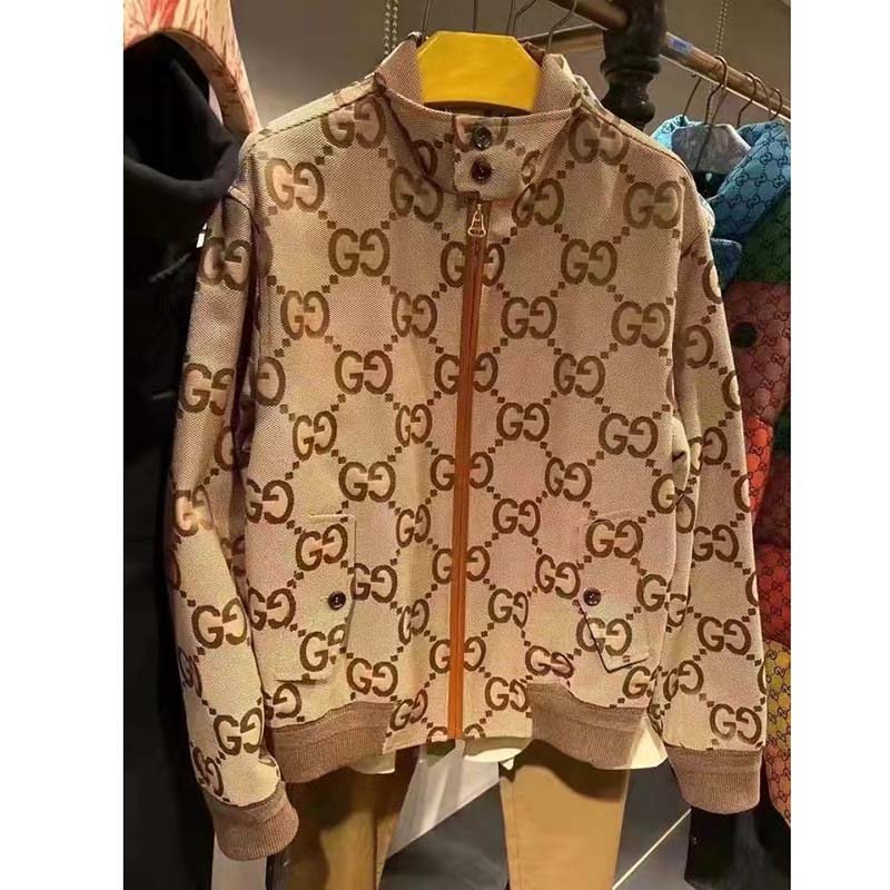 G*u*i men jumbo gg canvas jacket beige ebony jumbo cotton wool leather