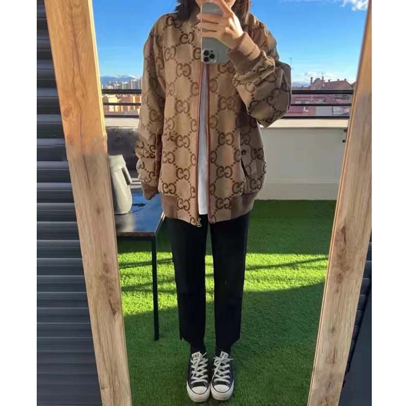 G*u*i women jumbo gg canvas jacket beige ebony jumbo cotton wool leather