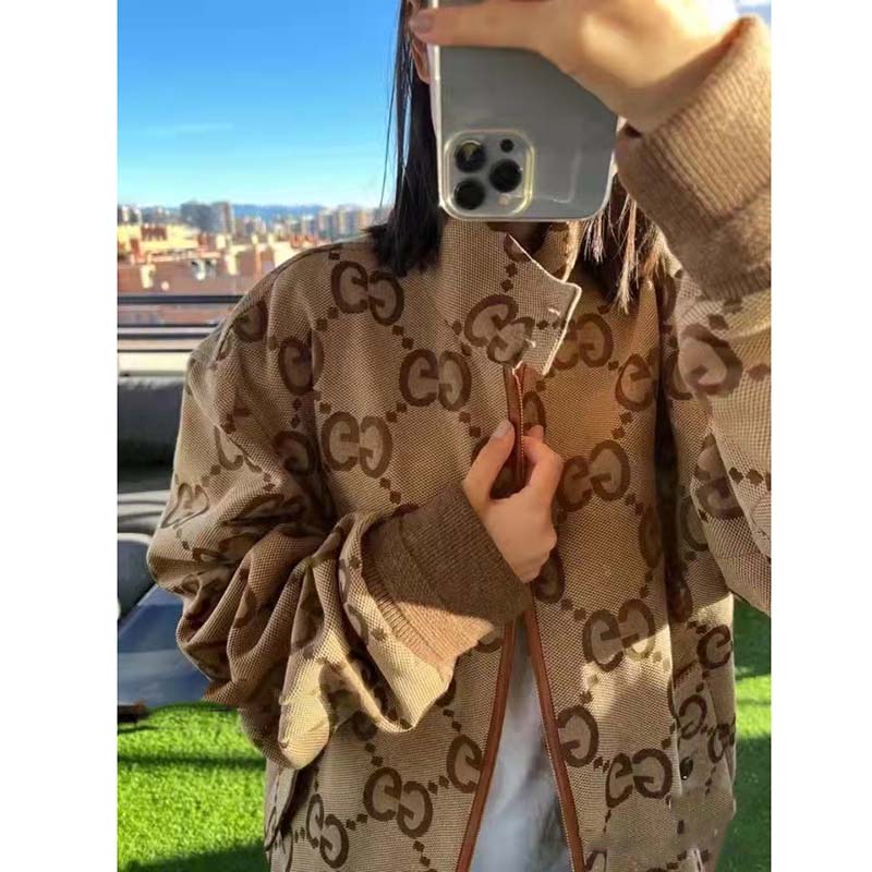 G*u*i women jumbo gg canvas jacket beige ebony jumbo cotton wool leather