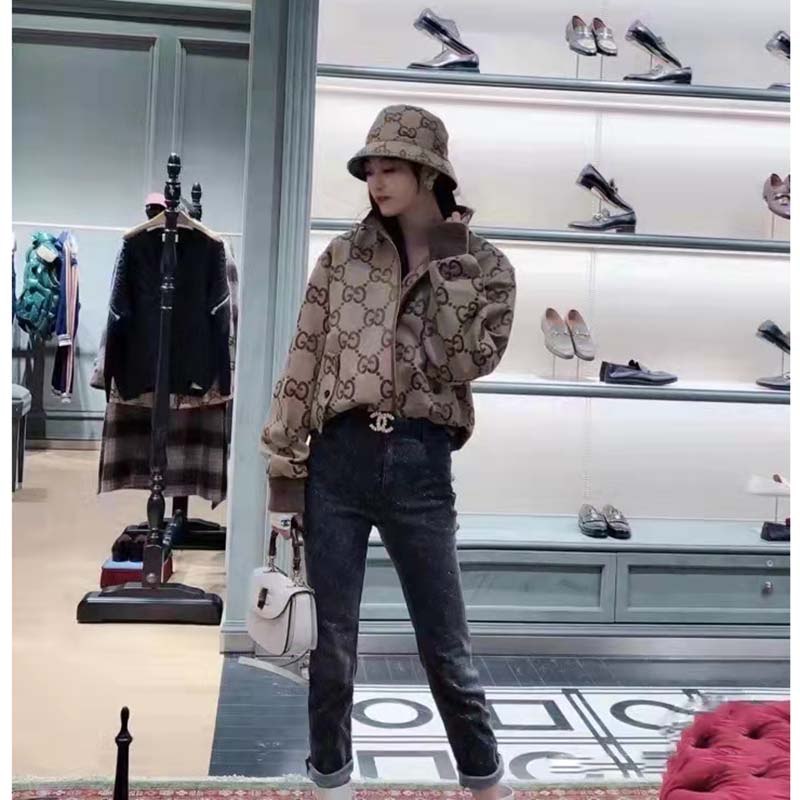 G*u*i women jumbo gg canvas jacket beige ebony jumbo cotton wool leather