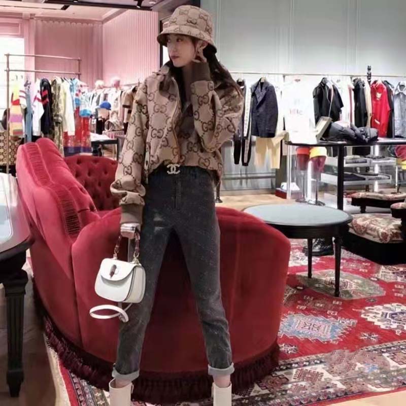 G*u*i women jumbo gg canvas jacket beige ebony jumbo cotton wool leather