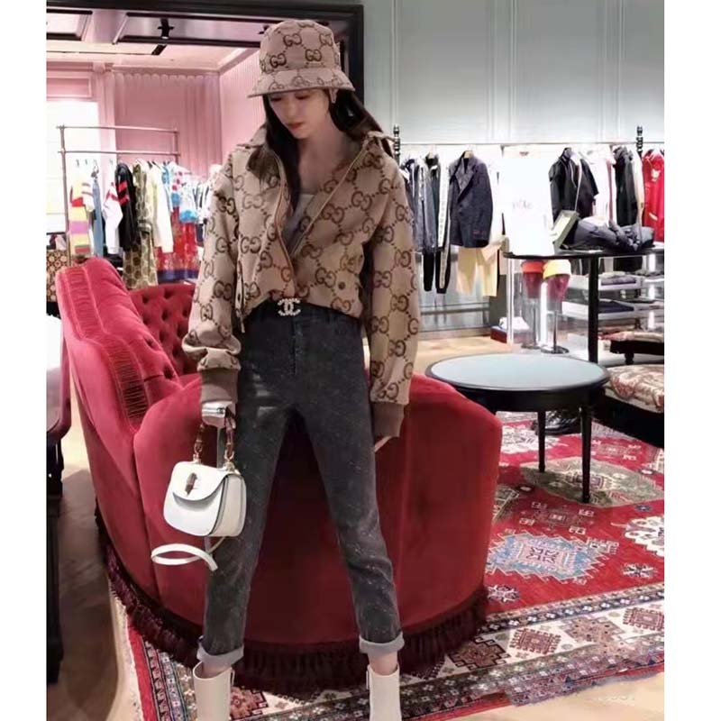 G*u*i women jumbo gg canvas jacket beige ebony jumbo cotton wool leather