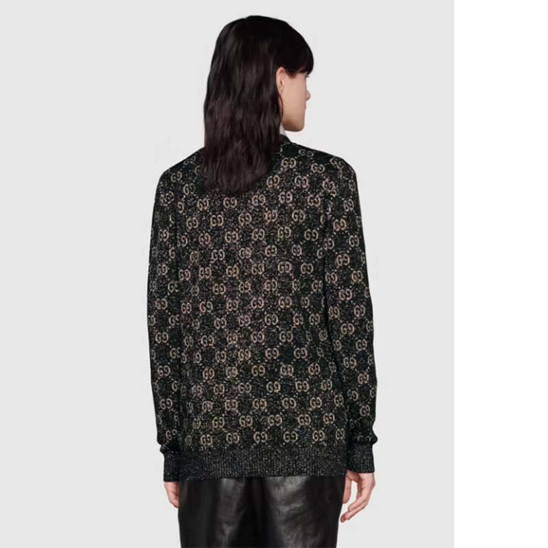 G*u*i women lamé gg jacquard cardigan black beige fine cotton