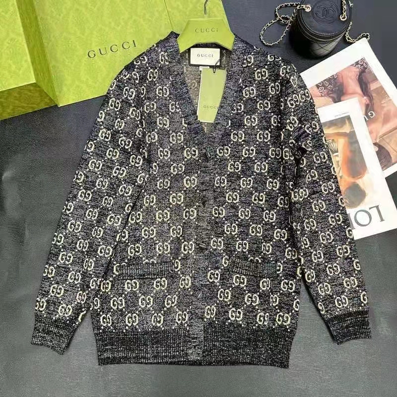 G*u*i women lamé gg jacquard cardigan black beige fine cotton