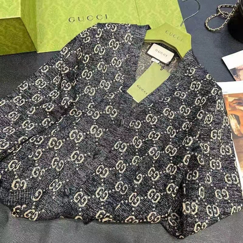 G*u*i women lamé gg jacquard cardigan black beige fine cotton
