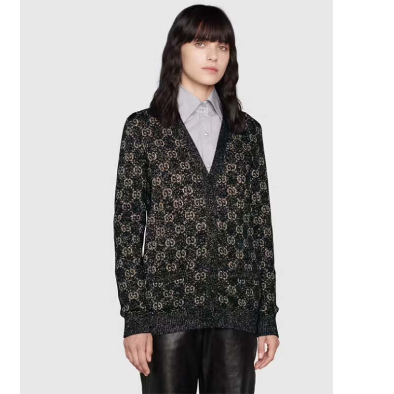 G*u*i women lamé gg jacquard cardigan black beige fine cotton