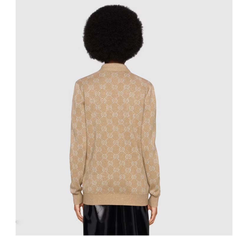 G*u*i women lamé gg jacquard cardigan camel beige fine cotton