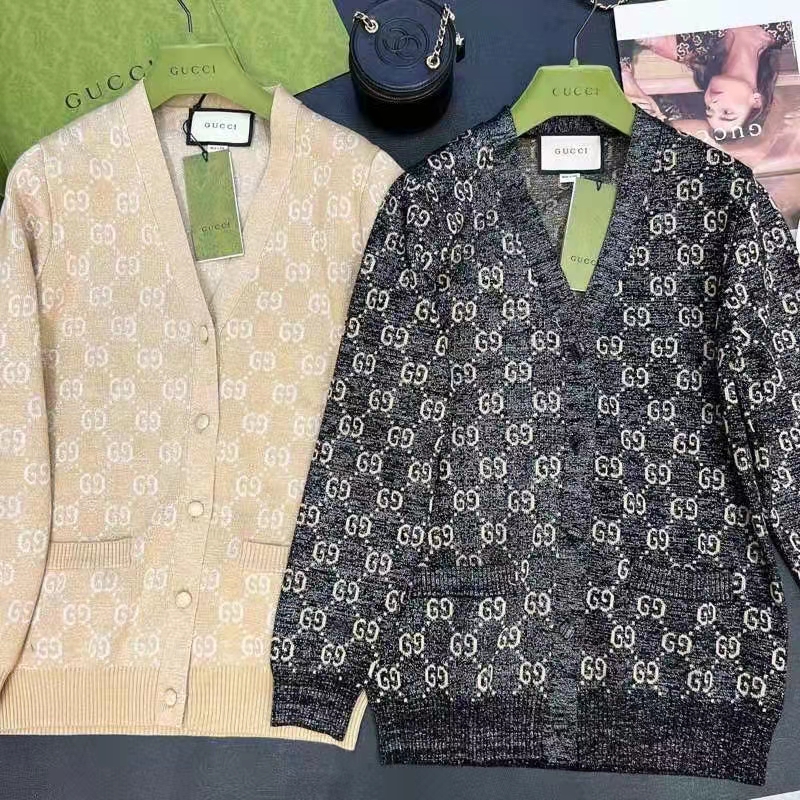 G*u*i men lamé gg jacquard cardigan camel beige fine cotton