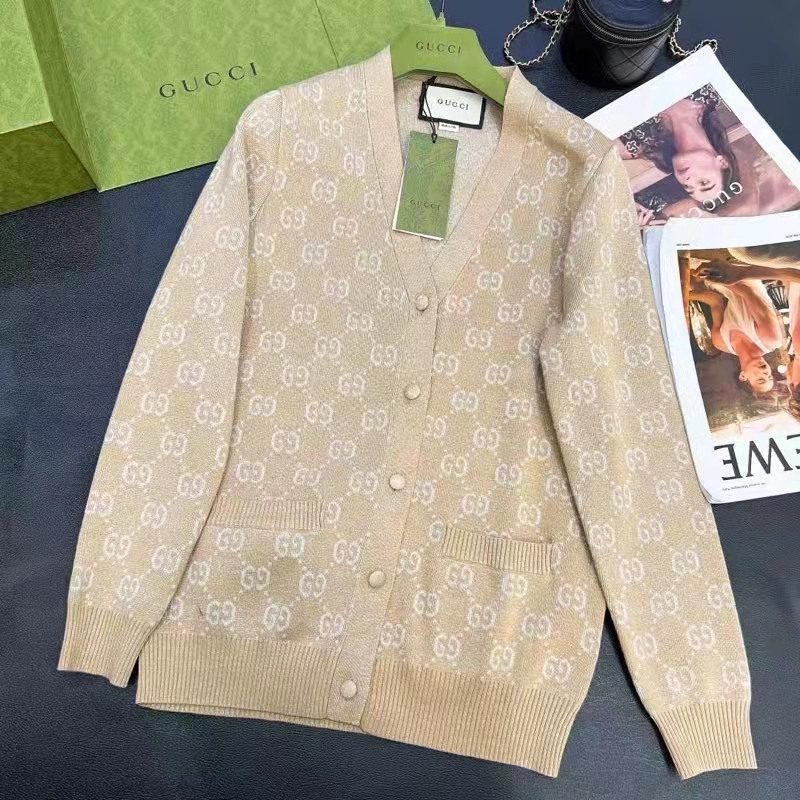 G*u*i men lamé gg jacquard cardigan camel beige fine cotton