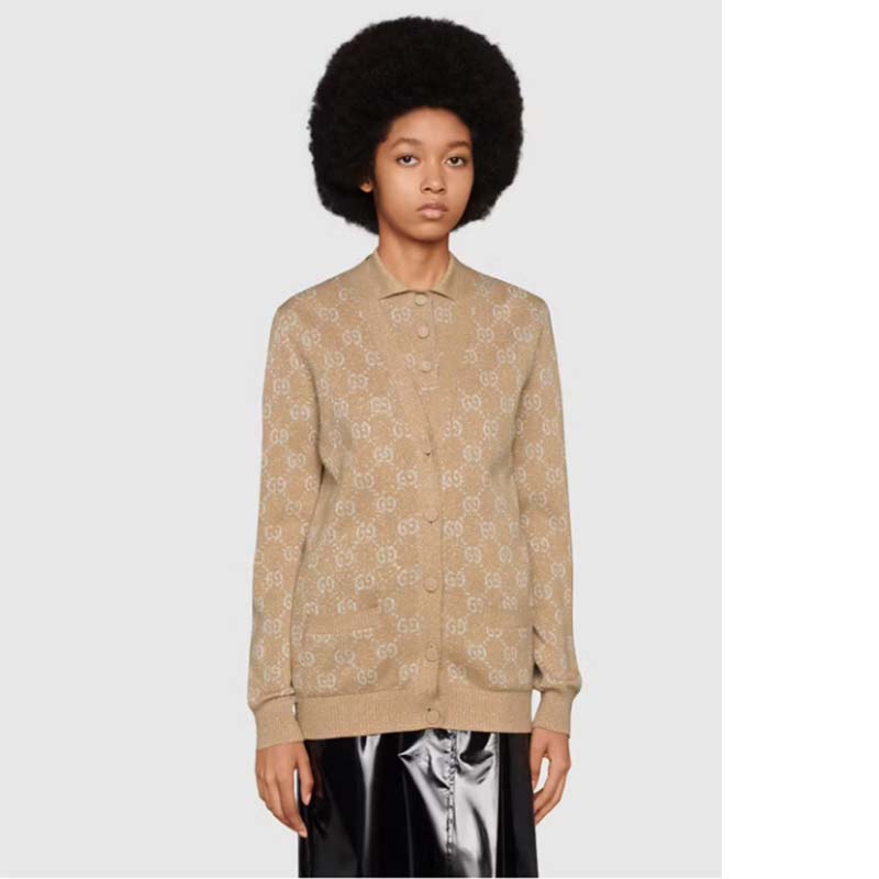G*u*i women lamé gg jacquard cardigan camel beige fine cotton