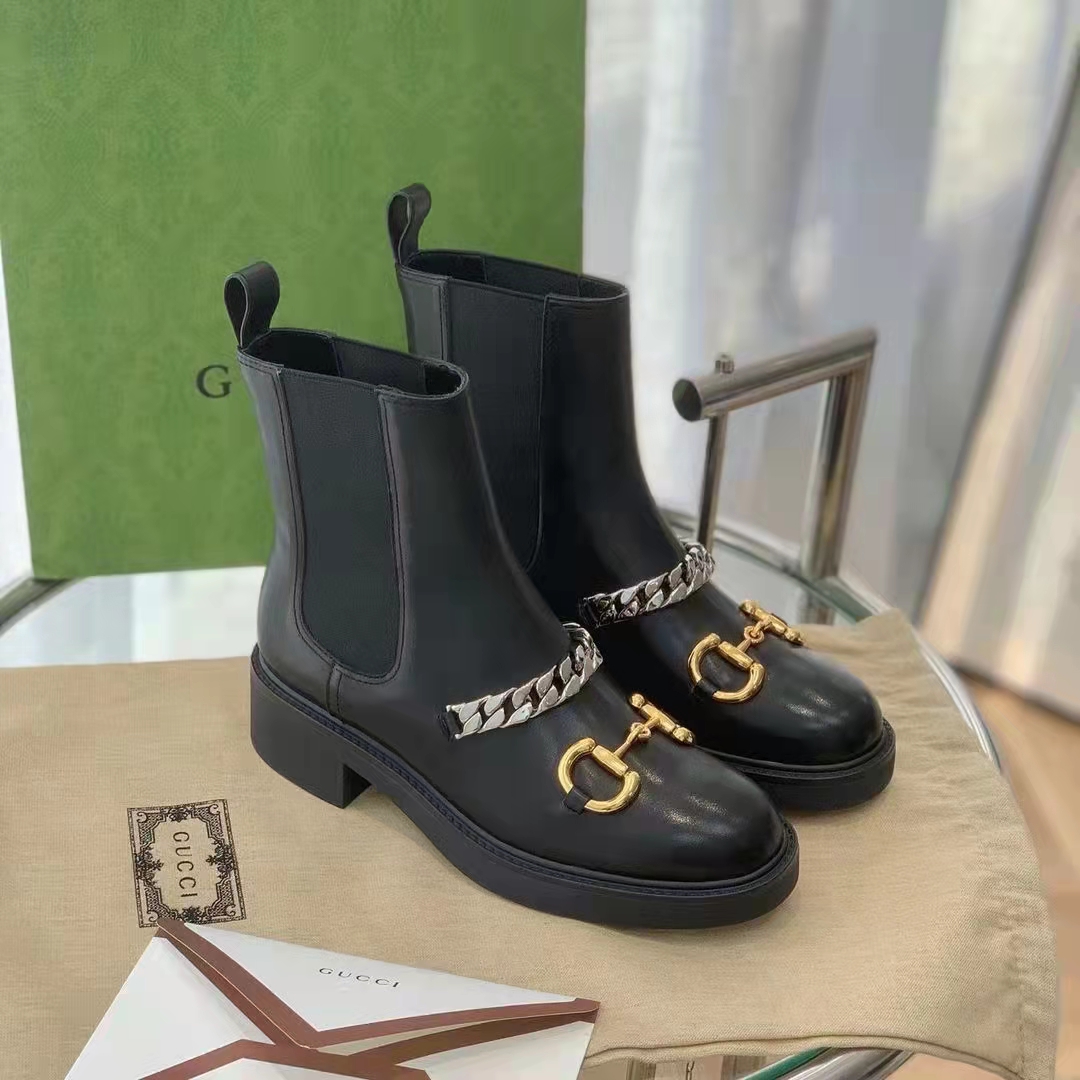 G*u*i women’s chelsea boot chain black leather horsebit 3 cm heel