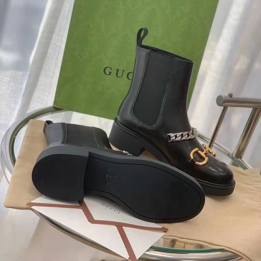 G*u*i women’s chelsea boot chain black leather horsebit 3 cm heel