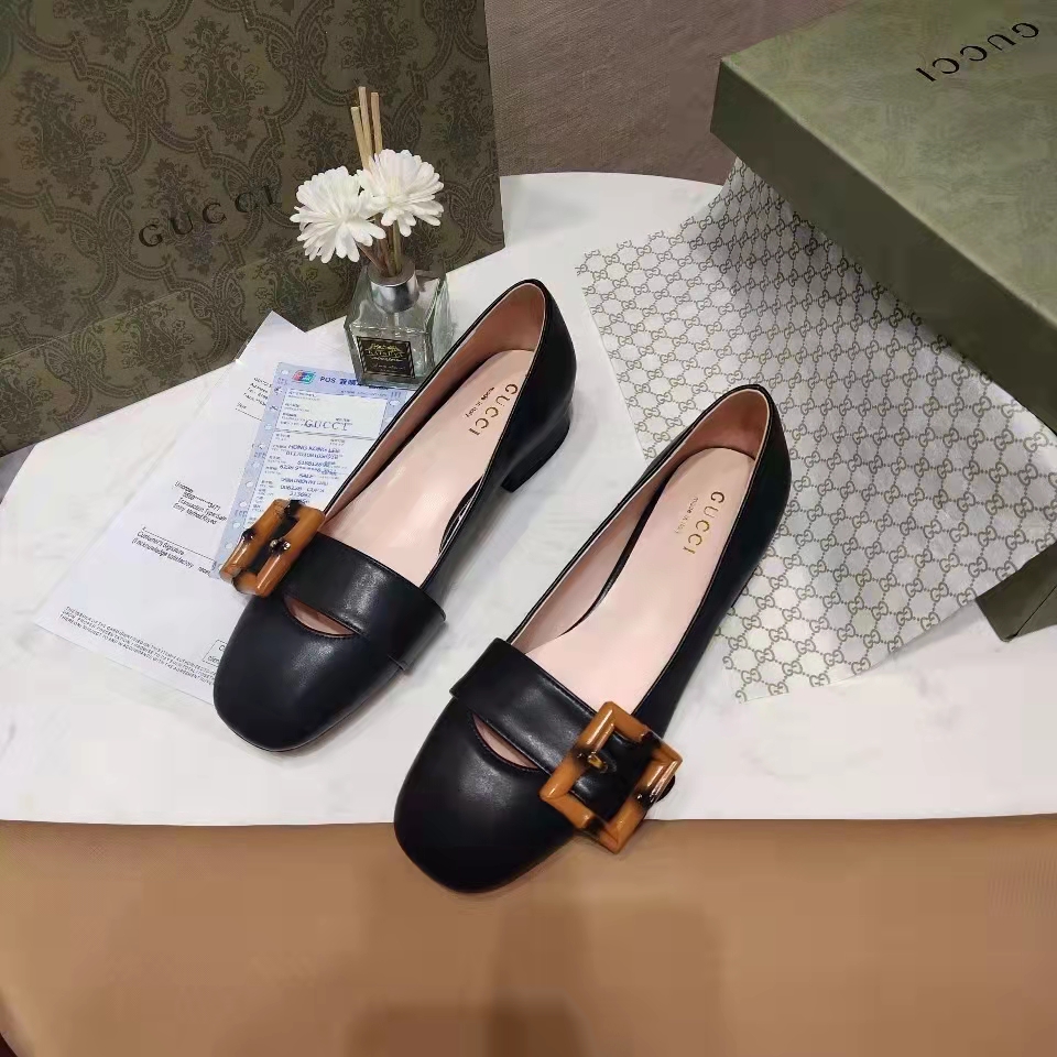 G*u*i women’s gg ballet flat bamboo buckle black leather round toe chunky heel