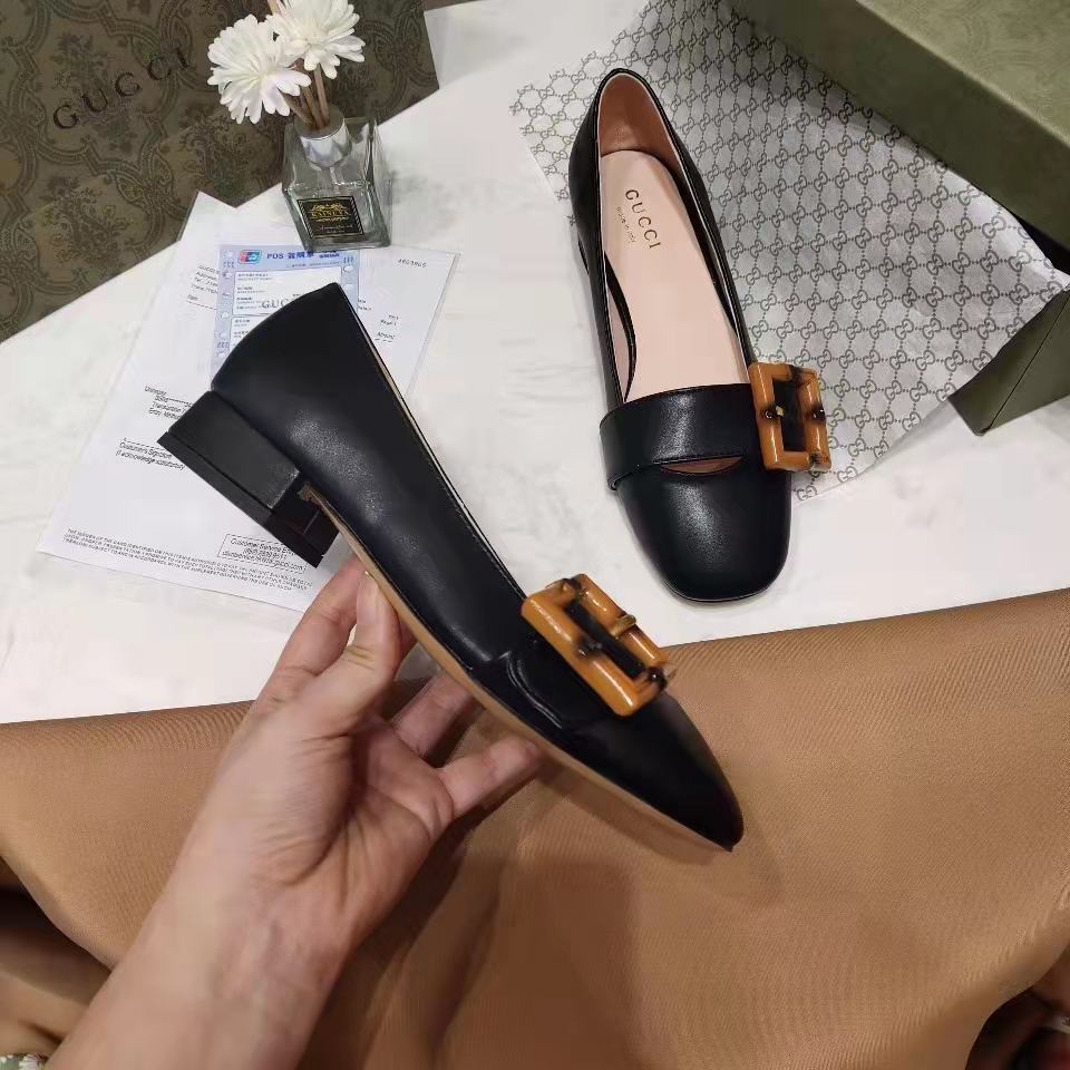 G*u*i women’s gg ballet flat bamboo buckle black leather round toe chunky heel