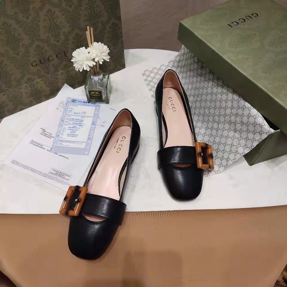 G*u*i women’s gg ballet flat bamboo buckle black leather round toe chunky heel