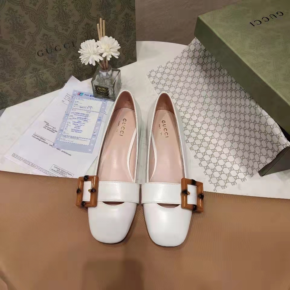 G*u*i women’s gg ballet flat bamboo buckle white leather round toe chunky heel