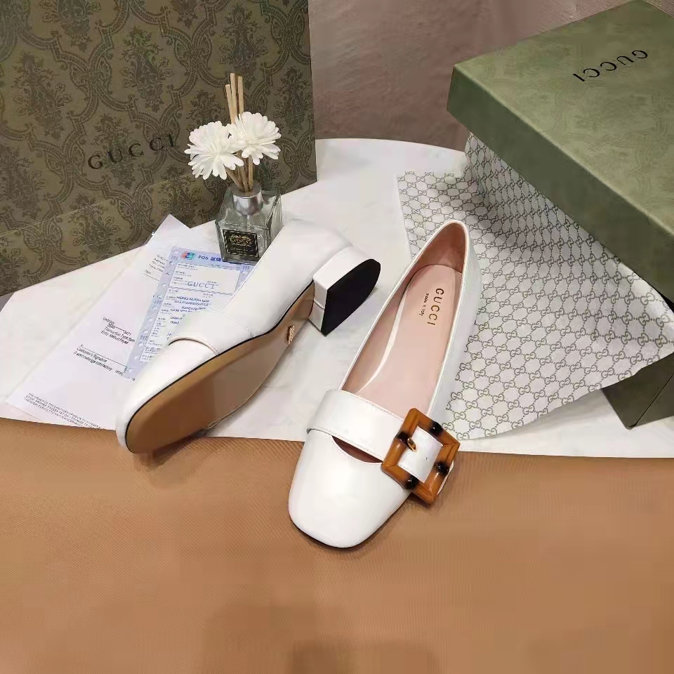 G*u*i women’s gg ballet flat bamboo buckle white leather round toe chunky heel