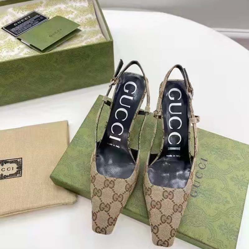 G*u*i women’s gg slingback pump beige ebony original gg canvas 7.5 cm heel