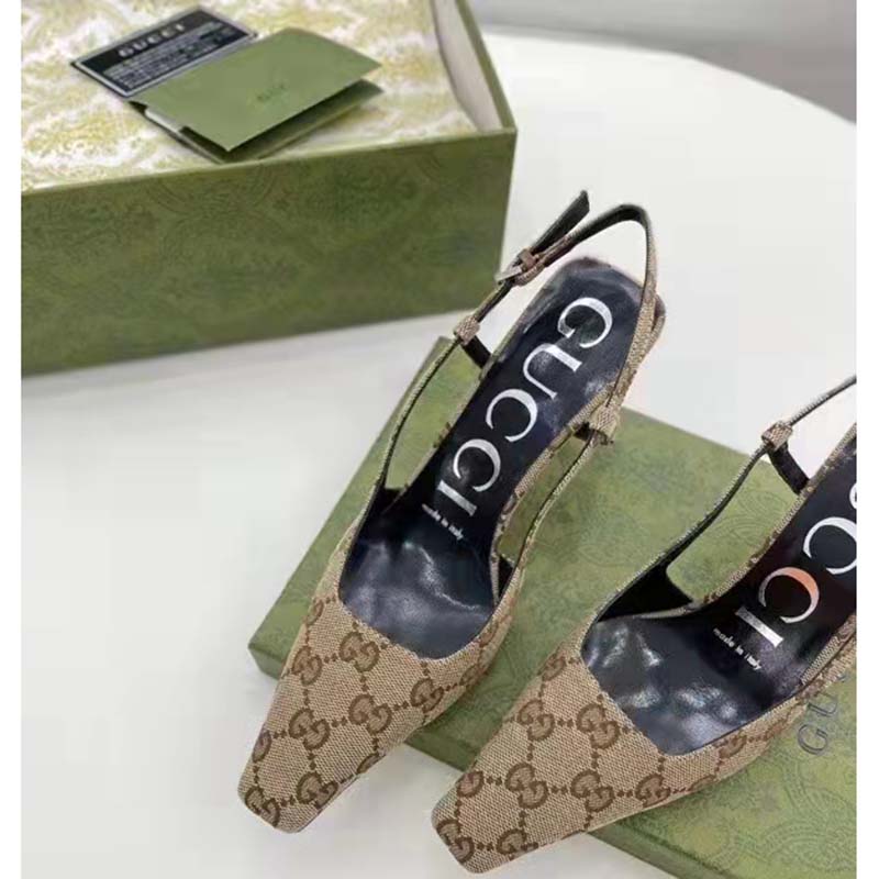 G*u*i women’s gg slingback pump beige ebony original gg canvas 7.5 cm heel