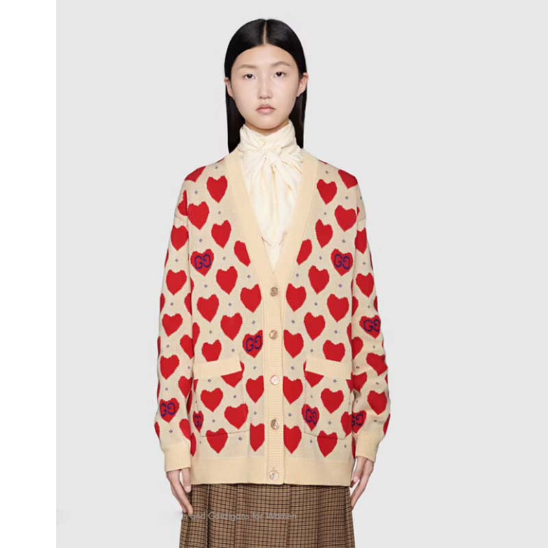 g*u*i women’s les pommes cotton heart sweater white He**ts knit cotton jacquard v-neck