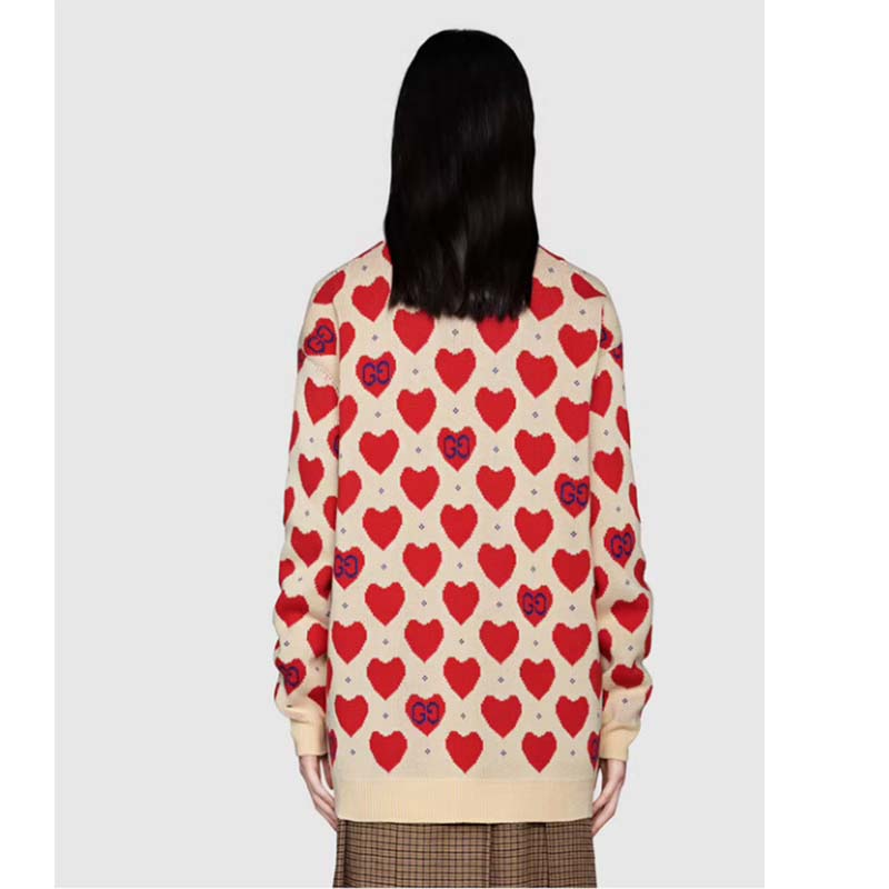 g*u*i women’s les pommes cotton heart sweater white He**ts knit cotton jacquard v-neck