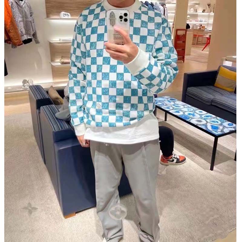 Louis Vuitton LV Men Damier Printed Crewneck Cotton Ocean Classic Sweatshirt Shape