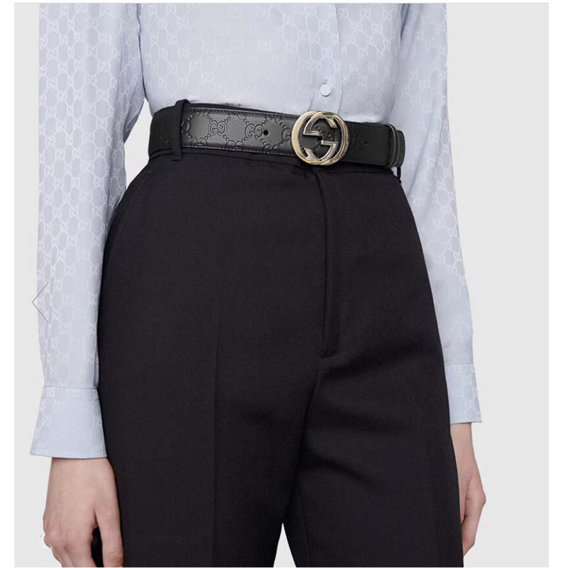 G*u*i unisex gg signature leather belt interlocking g buckle gold hardware 4 cm width