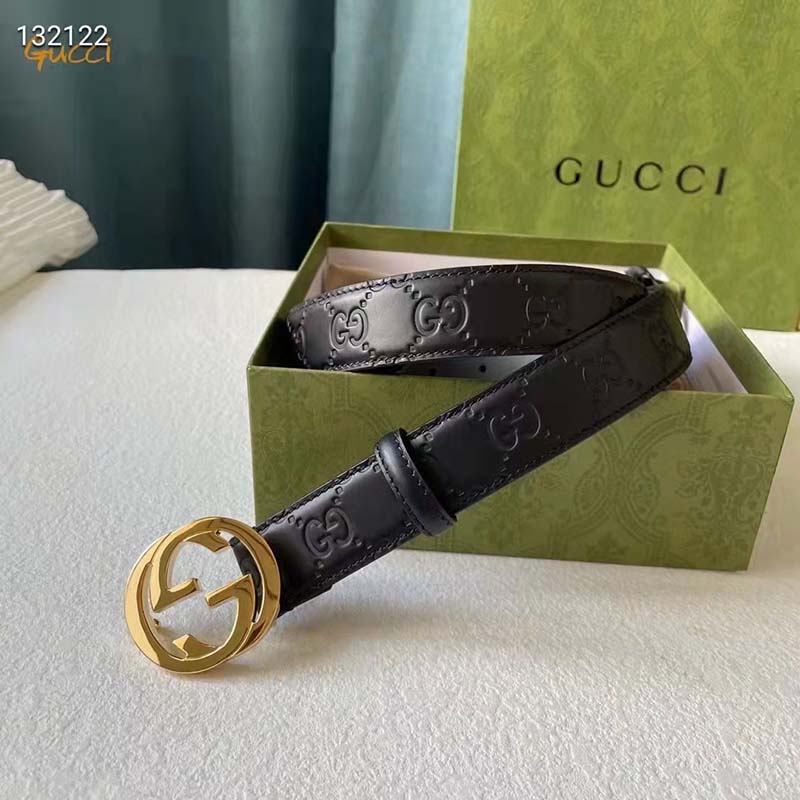 G*u*i unisex gg signature leather belt interlocking g buckle gold hardware 4 cm width