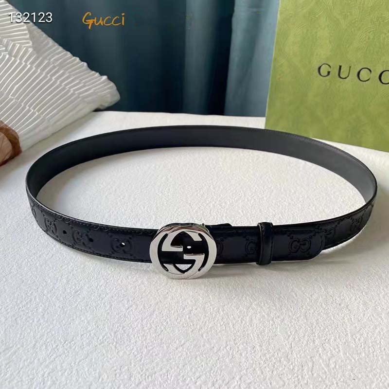 G*u*i unisex gg signature leather belt interlocking g buckle silver hardware 4 cm width