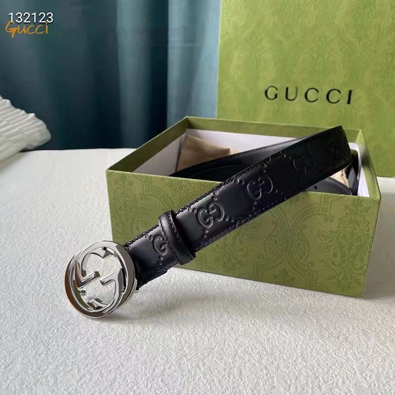 G*u*i unisex gg signature leather belt interlocking g buckle silver hardware 4 cm width