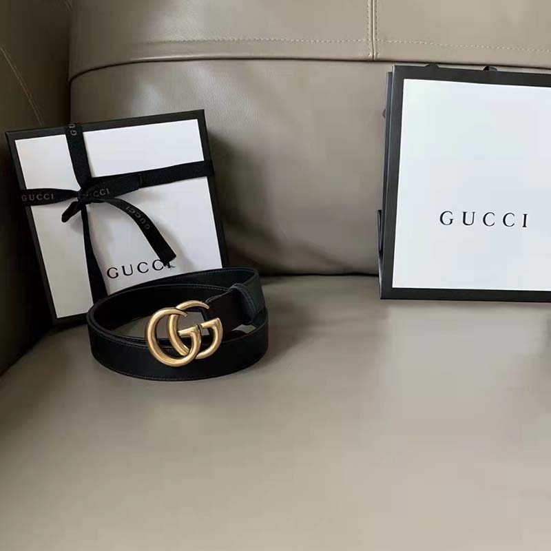 G*u*i unisex slim leather belt double g buckle black leather 3 cm width
