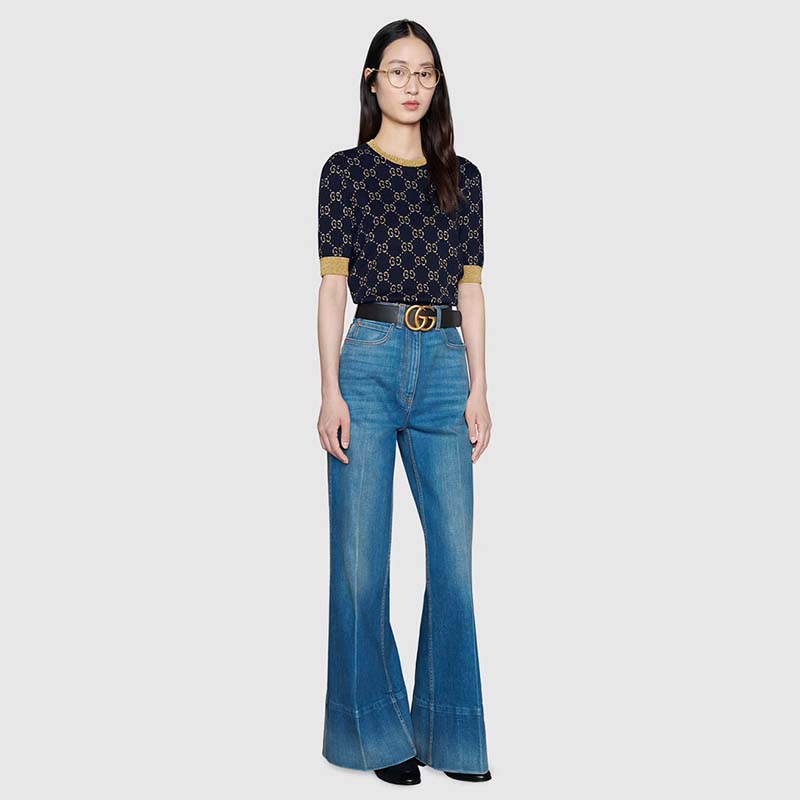 G*u*i women gg cotton lamé top blue cotton gold lamé trim crew-neck