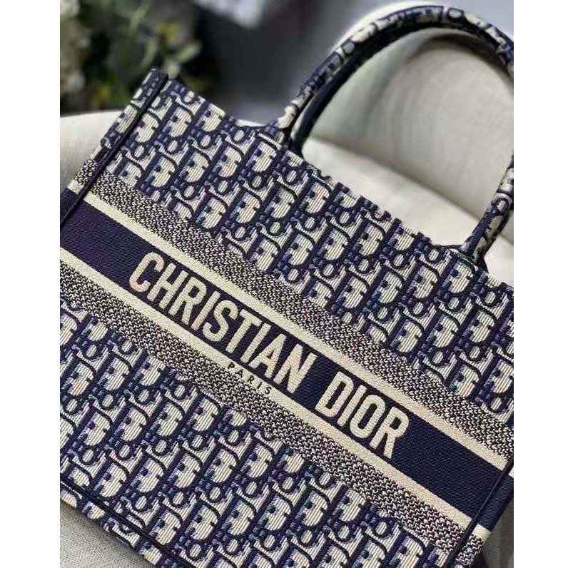 Dior Unisex CD Medium Book Tote Navy Blue Dior Oblique Embroidery