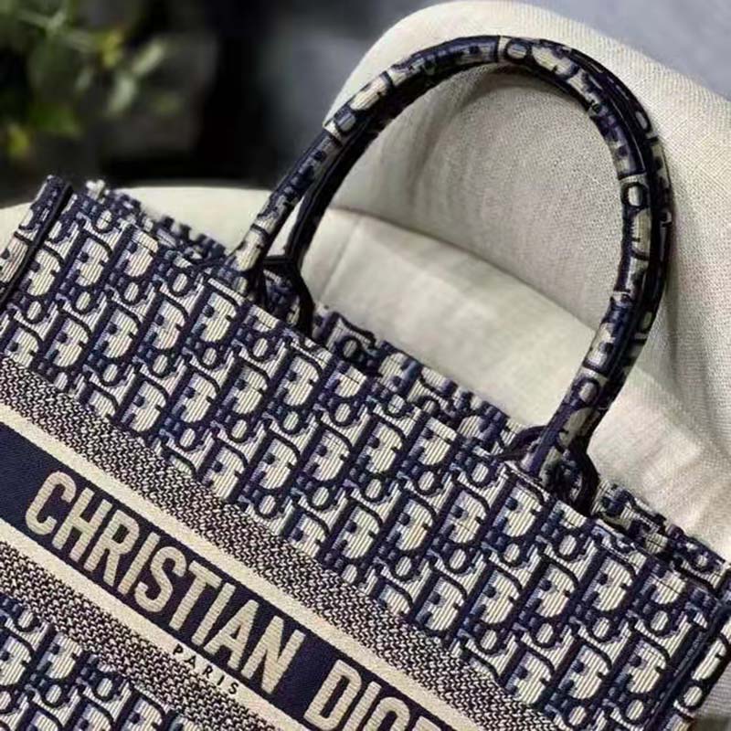 Dior Unisex CD Medium Book Tote Navy Blue Dior Oblique Embroidery